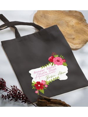Bk Gift Kişiye Özel Isimli Anneler Günü Tasarımlı Antrasit Kumaş Bez Çanta