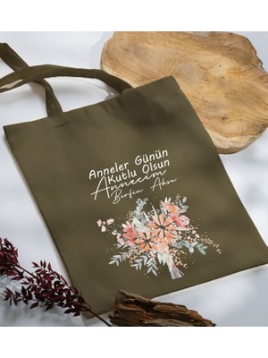 Bk Gift Kişiye Özel Isimli Anneler Günü Tasarımlı Haki Kumaş Bez Çanta