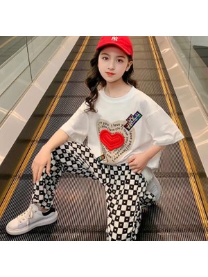 Kids Face Kalp Baskılı Pamuk Yeni Trend Kız Çocuk T-Shirt