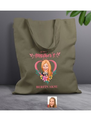 Bk Gift Kişiye Özel Anneler Günü Karikatürlü Haki Kumaş Bez Çanta, Baskılı Omuz Çantası, Alışveriş Çantası, Anneye Hediye-5