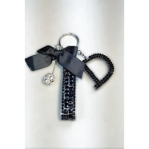 Siyah Bagetli Anahtarlık & Siyah D Harf & Gümüş Minik Top & Siyah Kurdela