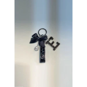 Siyah Bagetli Anahtarlık & Siyah E Harf & Gümüş Minik Top & Siyah Kurdela