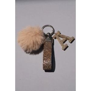Gold Taşlı & Logosuz Anahtarlık & Kemıl Minik Ponpon  & Gold Harf