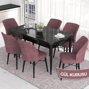 Concept Eva Serisi 80X132 Açılabilir Mdf Siyah Mermer Desen Masa Mutfak Masa ve 6 Sandalye