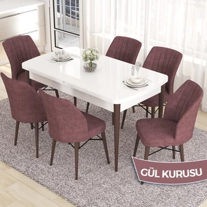 Concept Eva Serisi 80X132 Açılabilir Mdf Beyaz Masa Ceviz Ayak Mutfak Masa Takımı ve 6 Sandalye