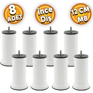 Mobilya Baza Metal Kanepe Koltuk Destek Ayağı M8 Civatalı Ince Diş Beyaz Metal Ayak 12 cm (8 Adet)