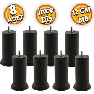 Mobilya Baza Kanepe Koltuk Çekyat Yükseltme Ayağı Ince Diş M8 Siyah Metal Ayakları 12cm 8 Adet