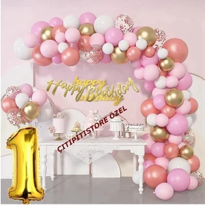 Çıtı Pıtı Store Lüks Pembe Rose Gold 1 Yaş Balon Seti