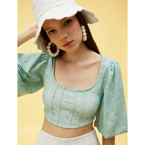 Korse Detaylı Çiçekli Crop Bluz