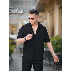 Tek Cepli Dokulu Oversize Gömlek - Siyah