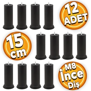 Mobilya Baza Kanepe Koltuk Çekyat Yüksetlme Ayağı M8 Ince Diş Siyah Ayakları 15 Cm Metal (12 Adet)