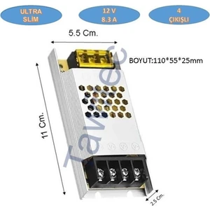 12 Volt Trafo Ultra Silim Alüminyum Kasa Adaptör 8.3 Amper 4 Çıkış