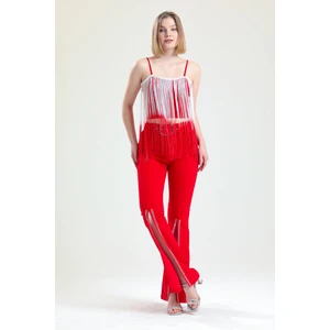 Kemerli  Paçaları Taşlı Scuba Krep Abiye Büyük Beden  Pantolon | PNT34185