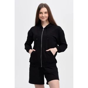 Alya Kadın %100 Pamuk 2 İplik Şardonsuz Oversize Kapüşonlu Fermuarlı Siyah Sweatshirt