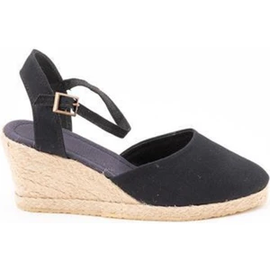 Star Tombis Topuğu Açık Bilekten Bantlı Dolgu Topuk Bayan Siyah Keten Hasır Espadril