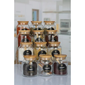 Etiketli, Bambu Kapaklı Ve Kaşıklı 12'Li Lüx Baharat Takımı 300ml