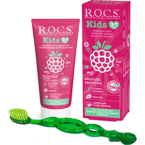 R.O.C.S Kids 3-7 Yaş Ahududu Smoothıe Tadında Florürsüz Diş Macunu + 3-7 Kids Fırça Seti-Yeşil