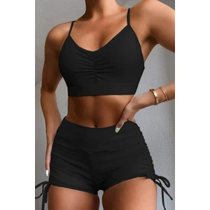 Yanlardan Ayarlı Büzgülü Deniz Şortlu Tankini Bikini Takım