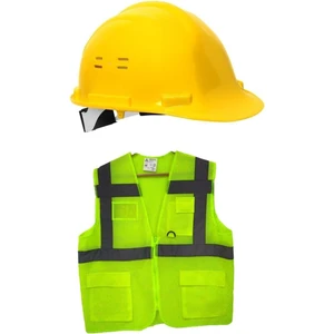 Baret Yelek - Fileli Cepli Mühendis Yeleği- Sarı Hava Delikli Baret Seti