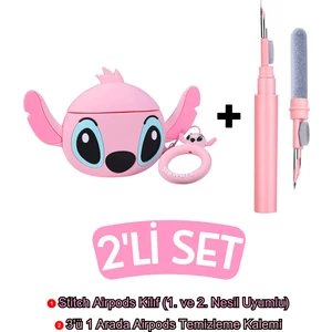 Airpods 1. ve 2. Nesil Uyumlu Stitch Kılıf ve Pembe 3'ü 1 Arada Airpods Temizleme Kalemi Seti