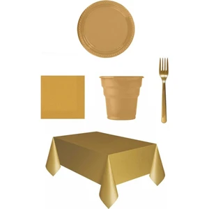 Mini Party Store Altın Gold Renk Plastik Bardak Çatal Tabak Peçete Masa Örtüsü 25   Kişilik