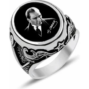 Siyah Beyaz Atatürk Resimli 925 Ayar Gümüş Erkek Yüzük
