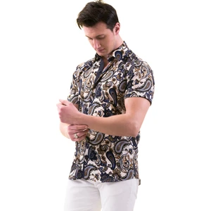Exve Exclusive Bej Üzerine Lacivert Kahve Şal Desen Baskılı Slim Fit Kısa Kollu Viskon Gömlek