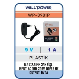 Well Power 9V 1A Adaptör 9 Volt 1 Amper 5.5 x 2.5 mm Jak Fişli Plastik Kasa Wellpower WP-0901P