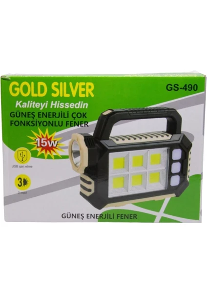 Gold Silver GS-490 15W Güneş Enerjili Çok Fonksiyonlu Fener