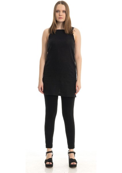 Pamuk Keten Askılı Siyah Tunik