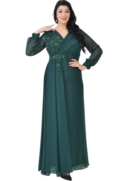 Büyük Beden Yeşil Renkli Uzun Şifon Elbise