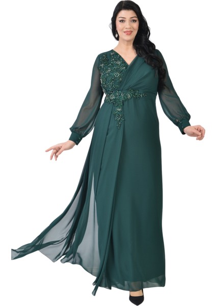 Büyük Beden Yeşil Renkli Uzun Şifon Elbise fiyatları