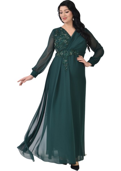 Büyük Beden Yeşil Renkli Uzun Şifon Elbise modelleri
