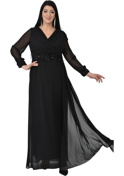 Büyük Beden Siyah Renkli Uzun Şifon Abiye Elbise