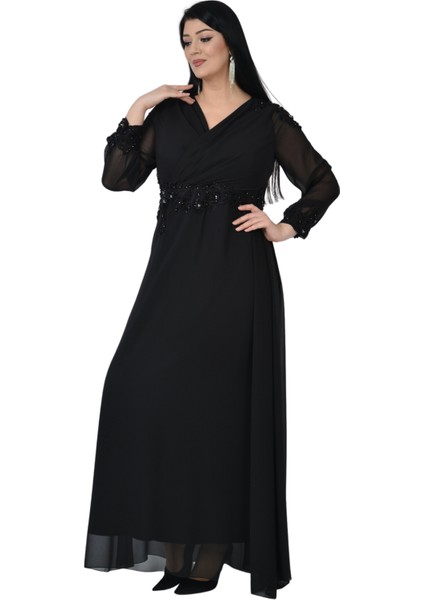 Büyük Beden Siyah Renkli Uzun Şifon Abiye Elbise fiyatları