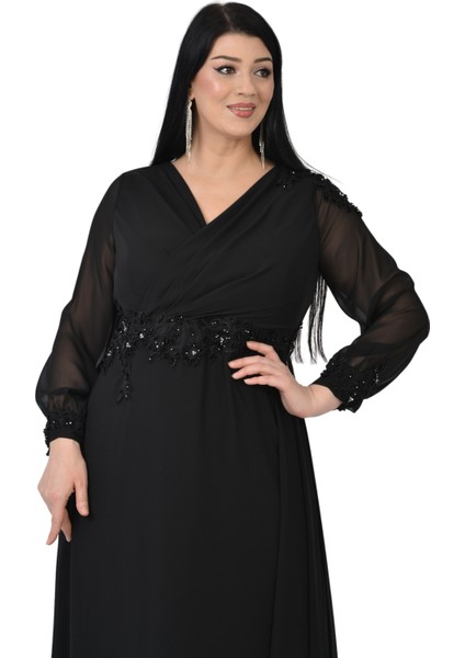 Büyük Beden Siyah Renkli Uzun Şifon Abiye Elbise modelleri