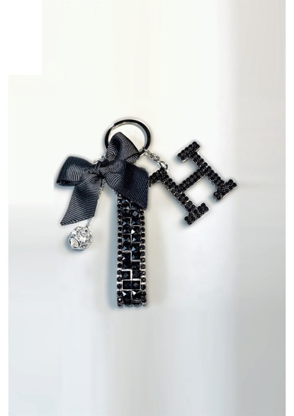 Siyah Bagetli Anahtarlık & Siyah H Harf & Gümüş Minik Top & Siyah Kurdela