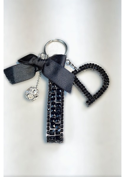 Siyah Bagetli Anahtarlık & Siyah D Harf & Gümüş Minik Top & Siyah Kurdela