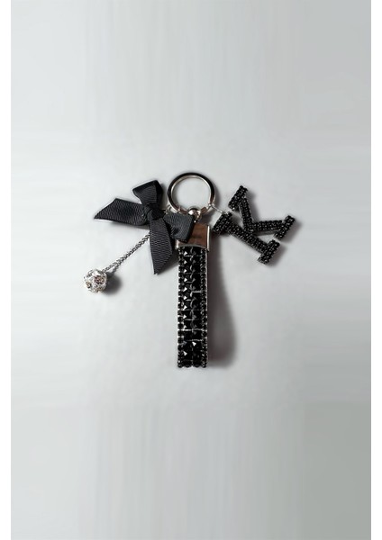 Siyah Bagetli Anahtarlık & Siyah K Harf & Gümüş Minik Top & Siyah Kurdela