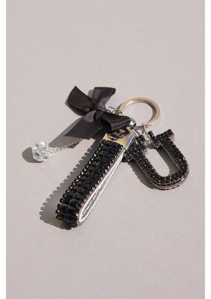 Siyah Bagetli Anahtarlık & Siyah Ü Harf & Gümüş Minik Top & Siyah Kurdela