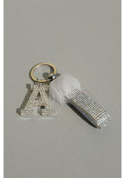 Gri Tavşan Tüylü Gümüş Logosuz Anahtarlık & Gümüş Harf