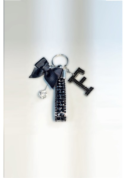 Siyah Bagetli Anahtarlık & Siyah F Harf & Gümüş Minik Top & Siyah Kurdela