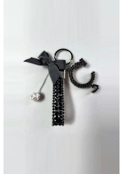Siyah Bagetli Anahtarlık & Siyah Ç Harf & Gümüş Minik Top & Siyah Kurdela