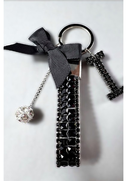 Siyah Bagetli Anahtarlık & Siyah I Harf & Gümüş Minik Top & Siyah Kurdela