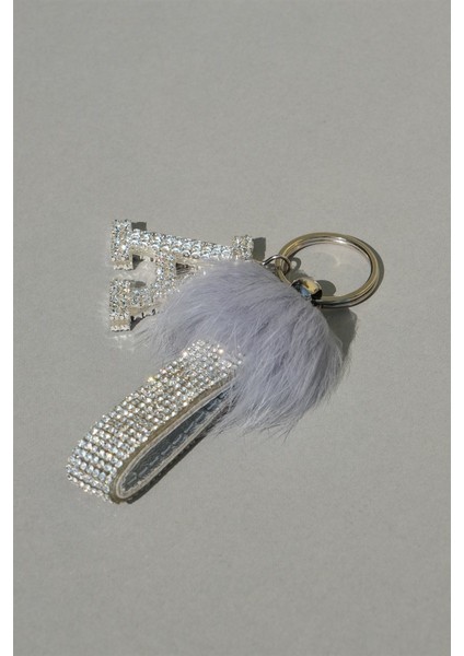 Koyu Gri Tavşan Tüylü Gümüş Logosuz Anahtarlık & Gümüş Harf