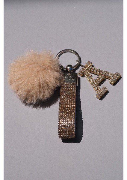 Gold Taşlı & Logosuz Anahtarlık & Kemıl Minik Ponpon & Gold Harf