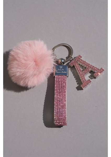 Pembe Taşlı & Logosuz Anahtarlık & Minik Ponpon Açık Pembe & Pembe Harf