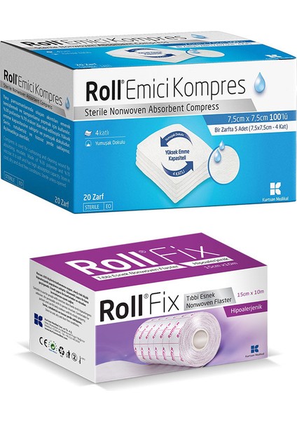 Steril Nonwowen Emici Kompres 7,5 x 7,5 cm 100 Adet + Tıbbi Esnek Fix Flaster 15 cm x 10 mt