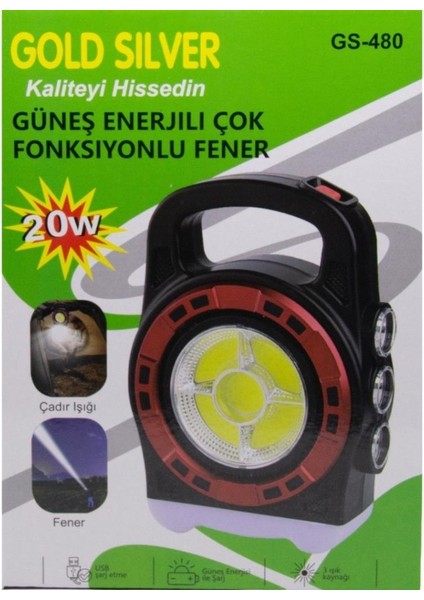 GS-480 20W Güneş Enerjili Çok Fonksiyonlu Fener