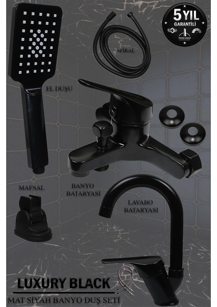 Siyah Banyo Lavabo Bataryası Duş Başlığı Spiral Mafsal Seti Siyah Renk Duş Musluğu Banyo Armatür Set